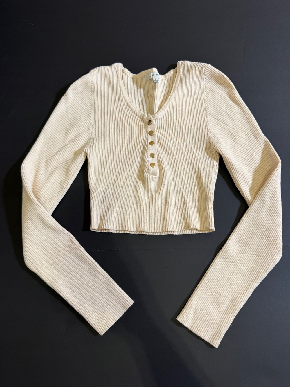 Love Tree Ribbed Henley Crop Top in Cream - Women